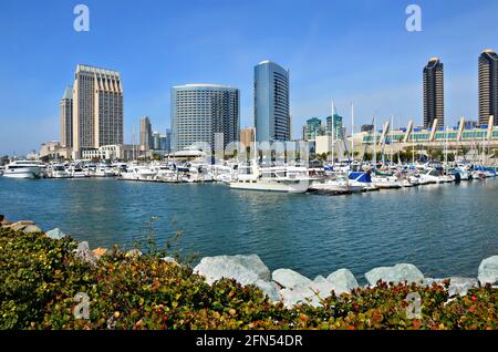 Paysage avec vue panoramique sur le Marriott Marquis Hotel and Marina et le Manchester Grand Hyatt Hotel à l'Embarcadero de San Diego en Californie. Banque D'Images