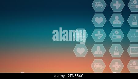 Composition d'un réseau d'icônes médicales sur les hexagons sur gradient arrière-plan bleu à orange Banque D'Images