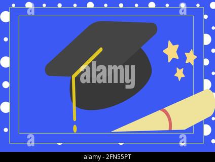 Composition d'un chapeau de graduation et d'étoiles dans un cadre bleu arrière-plan Banque D'Images