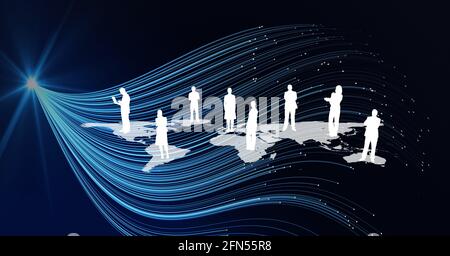 Composition du réseau des icônes de personnes sur la carte du monde et sentiers de lumière Banque D'Images