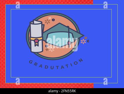 Composition du chapeau de graduation et du certificat dans le cadre bleu arrière-plan Banque D'Images