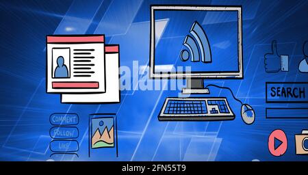 Composition d'icônes numériques sur écrans bleus Banque D'Images