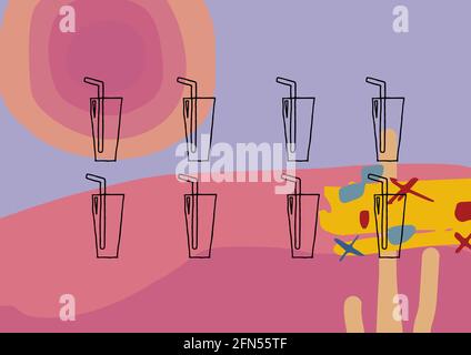 Composition de cocktails d'été au soleil sur fond violet à motifs Banque D'Images