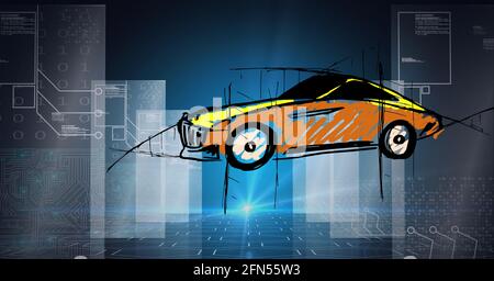 Composition de la carte électronique numérique et codage binaire sur voiture dessin Banque D'Images