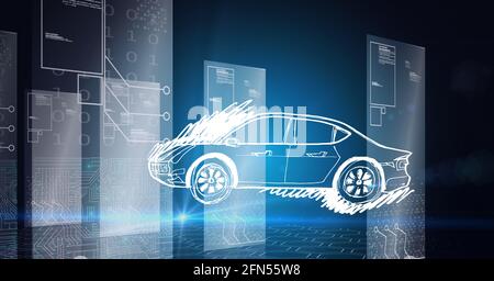 Composition de la carte électronique numérique et codage binaire sur voiture dessin Banque D'Images
