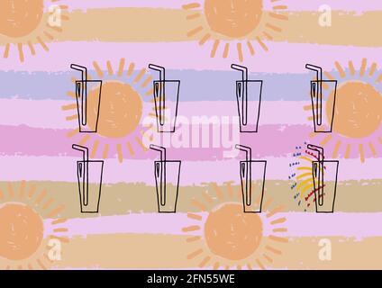 Composition de cocktails d'été au soleil et motif violet à rayures arrière-plan Banque D'Images