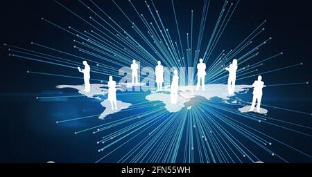 Composition du réseau des icônes de personnes sur la carte du monde et sentiers de lumière Banque D'Images