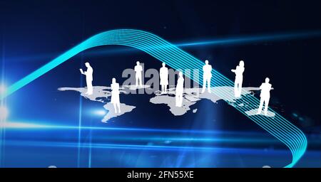 Composition du réseau des icônes de personnes sur la carte du monde et sentiers de lumière Banque D'Images