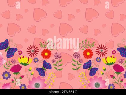 Composition de fleurs avec coeurs roses sur fond rose Banque D'Images