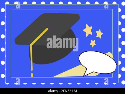 Composition du chapeau de graduation et du certificat avec bulle vocale cadre sur fond bleu Banque D'Images
