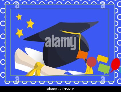 Composition du chapeau de graduation et du certificat dans le cadre bleu arrière-plan Banque D'Images
