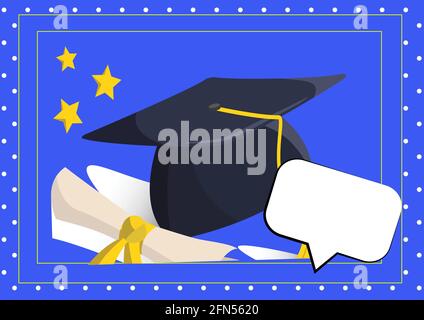 Composition du chapeau de graduation et du certificat avec bulle vocale cadre sur fond bleu Banque D'Images