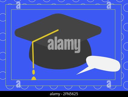 Composition du chapeau de graduation avec bulle de la parole dans le cadre arrière-plan bleu Banque D'Images