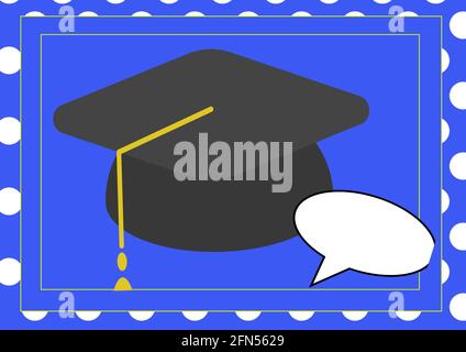 Composition du chapeau de graduation avec bulle de la parole dans le cadre arrière-plan bleu Banque D'Images