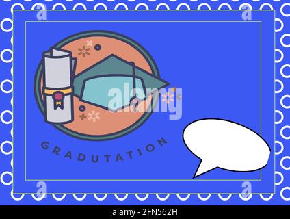 Composition du chapeau de graduation et du certificat avec bulle vocale cadre sur fond bleu Banque D'Images