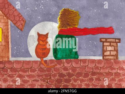 Aquarelle dessinée à la main. Enfant avec chat sur le toit à la carte postale de nuit de lune venteuse. Esquisse d'art aquarelle Banque D'Images