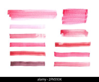 Taches de peinture et rayures roses poudreuses, ensemble de traits de pinceau dessinés à la main de pigment d'aquarelle rouge et rose, isolés sur du blanc, éléments de conception en rouge à lèvres Banque D'Images