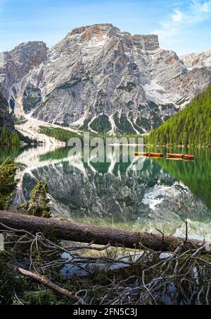 Le mont Seekofel et les bateaux qui se reflètent dans le lac de montagne Pragser Wildsee (Lago di Braies) Dans les Dolomites patrimoine mondial de l'UNESCO Tyrol du Sud Italie Banque D'Images