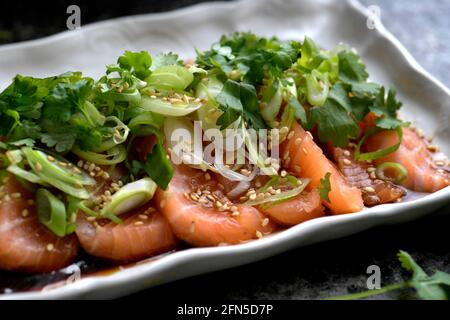 Saumon sashimi avec garniture de poireaux photo Janerik Henriksson / TT code 10010 Banque D'Images