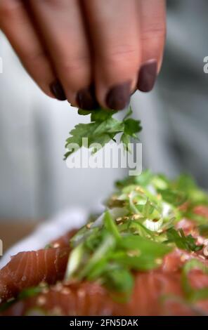 Saumon sashimi avec garniture de poireaux photo Janerik Henriksson / TT code 10010 Banque D'Images