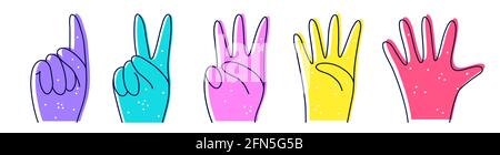 Chiffres avec les mains en forme de doodle. Désignation des numéros avec les mains, les gestes. Compte à dix - mains, hiéroglyphes. Illustration de Vecteur