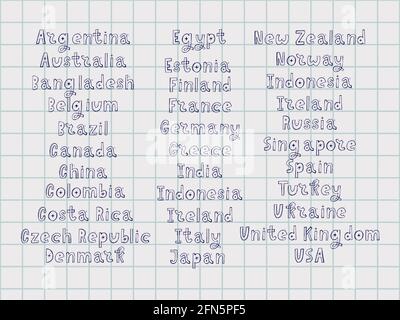 Les noms des pays du monde. Villes européennes. Lettre à la main Illustration de Vecteur