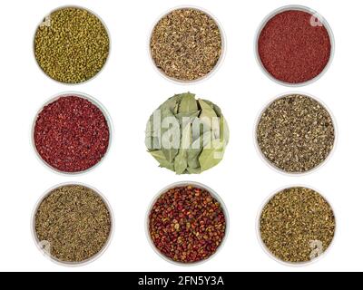 différents assaisonnements d'épices sur fond blanc romarin baie feuilles sumac. Banque D'Images