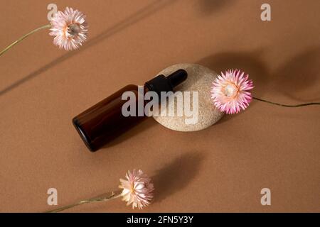 Compte-gouttes en verre brun avec huile cosmétique et fleurs roses sèches sur fond de terre cuite, gros plan. Banque D'Images