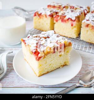 Gâteau fait maison - gâteau au yaourt avec rhubarbe, parsemé de flocons d'amandes et de sucre en poudre. Banque D'Images