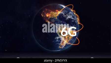 Composition de 6 g de texte sur le globe avec connexions brillantes arrière-plan noir Banque D'Images