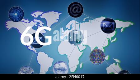 Composition de texte de 6g sur un réseau de connexions avec des icônes et la carte du monde en bleu Banque D'Images