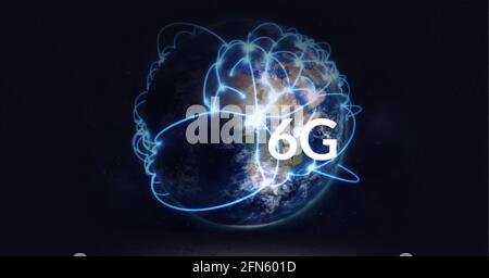 Composition de 6 g de texte sur le globe avec connexions brillantes arrière-plan noir Banque D'Images