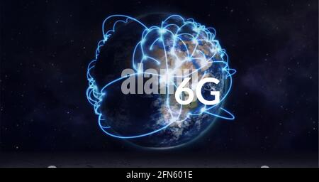 Composition de 6 g de texte sur le globe avec connexions brillantes arrière-plan noir Banque D'Images