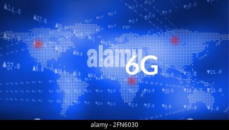Composition de 6g de texte et de traitement de données sur la carte du monde sur fond bleu Banque D'Images