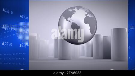 Composition du globe argenté sur les blocs gris et les données financières traitement Banque D'Images