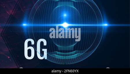 Composition de 6 g de texte sur globe bleu clair sur noir arrière-plan Banque D'Images