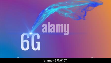 Composition de texte de 6 g sur des traînées de lumière bleue sur le gradient fond violet à orange Banque D'Images