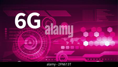 Composition de texte de 6 g sur les oscilloscopes, numérisation et traitement des données sur des hexagones sur fond rose Banque D'Images