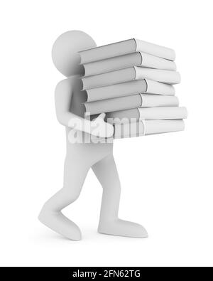 l'homme porte des livres en pile sur fond blanc. Illustration 3D isolée Banque D'Images