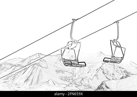 Ropeway à la station de ski dans les hautes montagnes d'hiver. Imitation noir et blanc du dessin au crayon. Isolé sur fond blanc. Banque D'Images