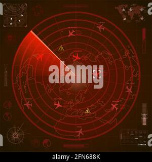 Affichage radar rouge militaire abstrait avec traces d'avions et affiches target Illustration de Vecteur