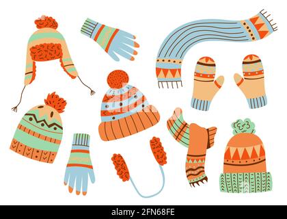 Jolis chapeaux et gants tricotés d'hiver, scarfs vecteur Illustration de Vecteur