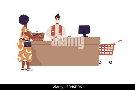 Épicerie pendant l'épidémie de virus.supermarché caissière hipster en face masque est derrière caisse servir femme afro âgée avec panier Banque D'Images