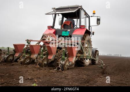 Vue arrière du tracteur fauchage dans le champ au printemps Banque D'Images