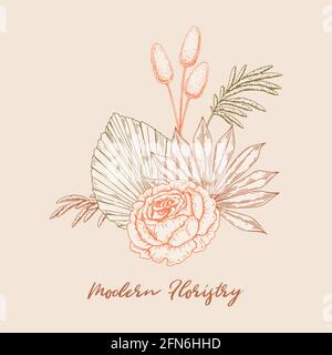 Bouquet de fleurs moderne dessiné à la main avec rose, feuilles de palmier séchées et pampas. Illustration vectorielle dans le style d'esquisse Illustration de Vecteur