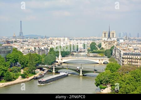 France, Paris, région classée au patrimoine mondial de l'UNESCO, panorama de notre Dame de Paris cathédrale avec les rives de la Seine et la Tour Eiffel Banque D'Images