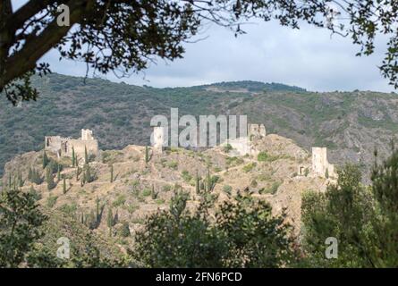 France, Aude, ruines de la Château de Lastours (vue aérienne) Banque D'Images