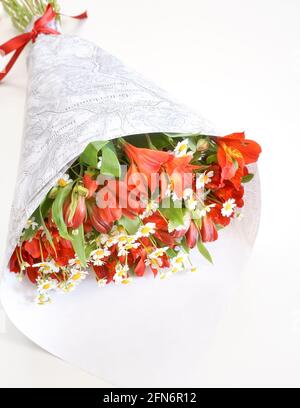 Bouquet de fleurs rouges et camomille à Marguerite au soleil Banque D'Images