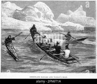 Gravure d'eskimos au groenland pagayage en kayaks et un bateau Banque D'Images