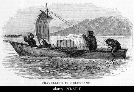 Gravure d'eskimos voyageant en bateau au Groenland Banque D'Images